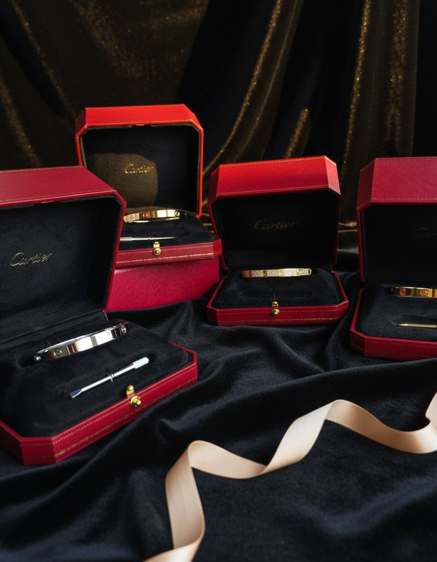 Cartier Love — AI на чёрном бархате с шампаневой лентой