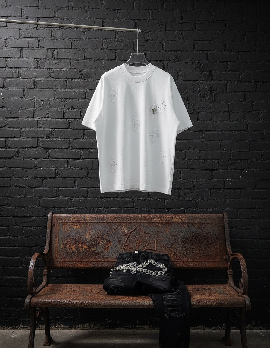 Chrome Hearts — AI на тёмном кирпиче с чёрными джинсами и цепью