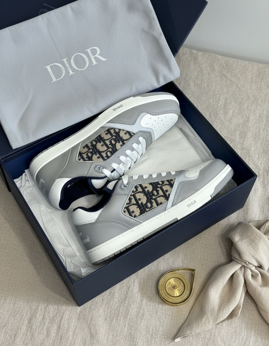Dior B27 Grey/White — top-down в коробке на льне