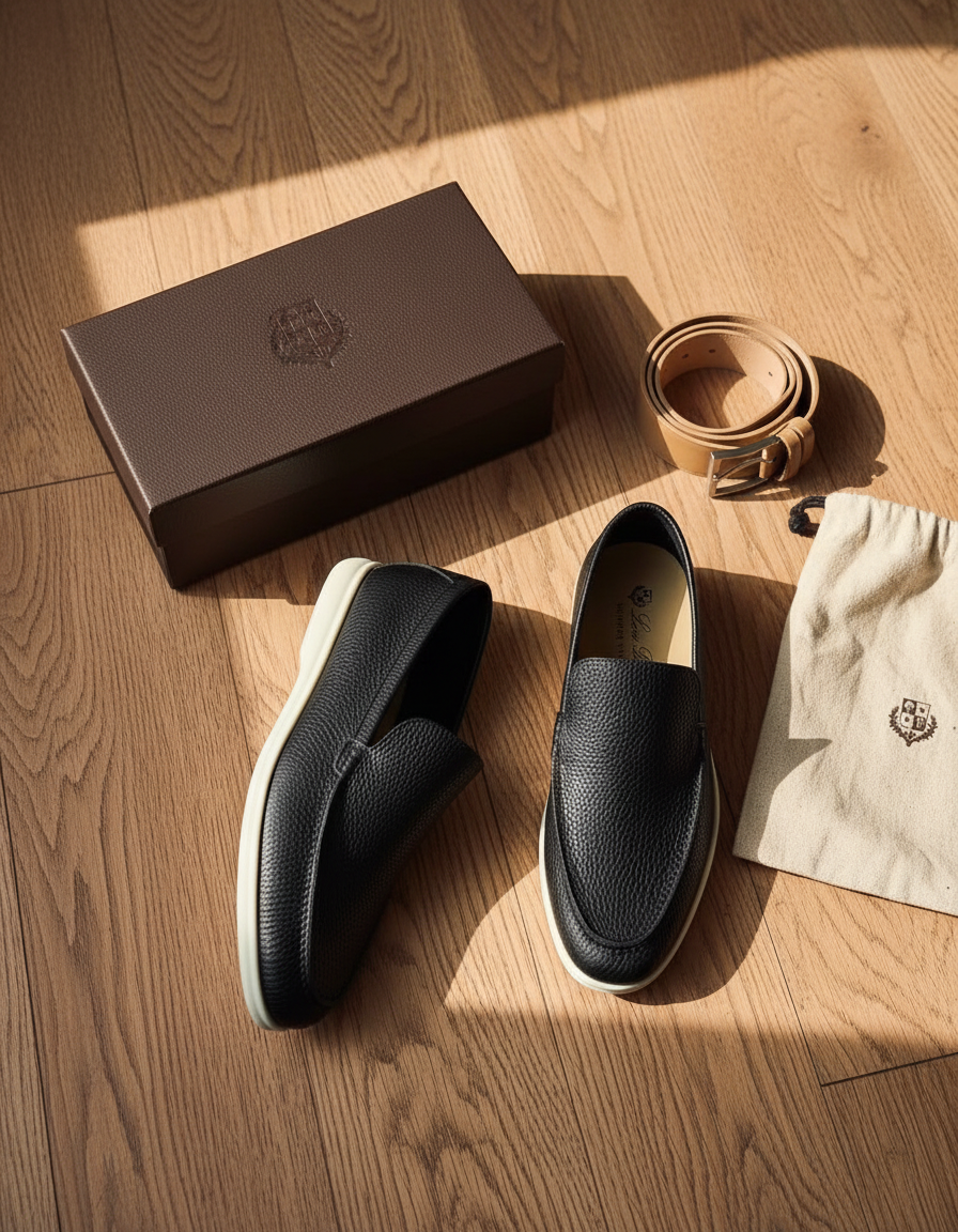 Loro Piana — AI на дубовом полу с dust bag и ремнём